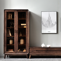 Nordic Black Walnuts Solid Wood Bookcase Living-room Cabinet With Glass Door Floor Bookcase Combo Cabinet Minima Wine Cabinet Disposal Cabinet
