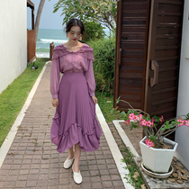 SYT French Retro Irregular Pleated Skirt Women Spring and Autumn 2021 New Solid Color Joker High Waist A- line dress