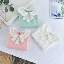 Girls pure pink undershirt 2020 spring autumn new girl foreign air doll collar blouses baby lace lace to bottom