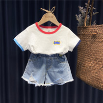 Childrens clothing girls half-sleeved suit little girl summer white short-sleeved t-shirt foreign style jeans 1 year old 23 hole shorts