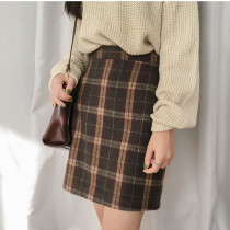 Fat mm autumn and winter New Large size woolen retro plaid skirt Joker elastic waist skirt winter skirt female students