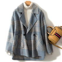 Loose short plaid double-sided wool coat womens woolen coat Womens Small Man autumn and winter thick cashmere Woolen