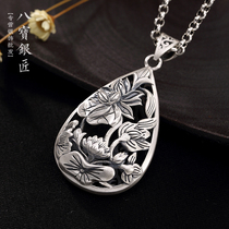 Babao silversmith S990 foot silver retro Korean Lotus pendant original handmade brushed womens sweater chain Big pendant