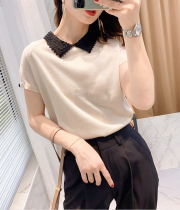 Japanese summer thin knitted short-sleeved doll collar V-neck lace T-shirt polo shirt age-reduced foreign-quality short top women