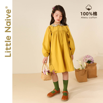 LittleNaive little naive girl lapel dress long sleeve spring and autumn skirt cotton lantern sleeve doll skirt