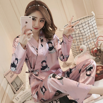 Pajamas womens spring and autumn ice silk long-sleeved thin section autumn and winter can be worn outside Japanese kimono cartoon cute home dress set