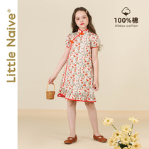 LittleNaive little innocent girl cheongsam summer Chinese style floral bubble sleeve childrens cotton dress