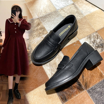 British style small leather shoes womens moccasins 2021 new summer and autumn thick heel black casual loafers Doudou single shoes