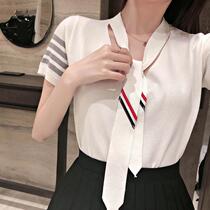 (V2)thom browne2020 summer four-bar tie knot knitted short-sleeved V-neck T-shirt
