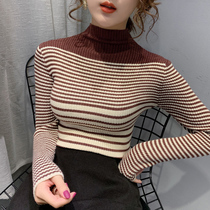 Semi-high collar sweater womens autumn and winter Eurostock Gas Striped Knit Undershirt Woman Long Sleeve 100 Hitch Bottom Blouse