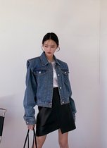 PPSHD autumn Korean ins blogger retro design feel pleated shoulder shoulder loose denim jacket short jacket women