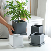 Ceramic flower pot ins Nordic style simple cylindrical modern black and white matt with tray fleshy green dill flower pot