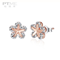 Sterling silver earrings female cute Korean synthetic crystal earrings flower rose gold to sleep without picking earrings small
