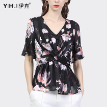 Snowspun Shirt Woman Design Sensation Foreign Air Blouse Short Sleeve Summer New Collection Waist Printed V Collar Little Shirts for Age European goods