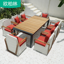 Outdoor Table And Chairs Courtyard Embalming Teak Wood Dining Table And Chairs Villa Yard Terrace Waterproof Solid Wood Rattan table and chairs Composition