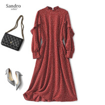 sandro selen French vintage silk wave point waist thin elegant temperament ruffle sleeve romantic dress