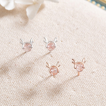 S925 silver deer strawberry crystal stud earrings women simple small fresh cute forest antler earrings Christmas gift