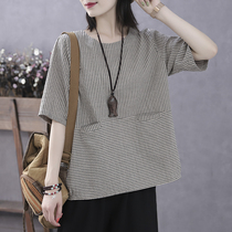 Han suoyi retro literary summer thin cotton striped T-shirt women short sleeve loose casual linen cotton top women