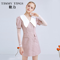Sugar Force Spring Summer New Web Yarn Splicing Long Sleeve Retro Gge Tattoo Slim Wave Side Large Turnover Collar Dress Woman