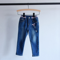 50-fold clearance ~ winter childrens clothing girls middle-aged children plus velvet denim elastic waist stretch jeans dark blue