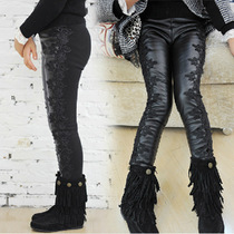 Clearance girls leggings leather pants cotton pants plus velvet thickened 2020 Autumn and Winter Childrens pants lace Korean trousers