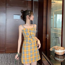 2020 new summer French niche Platycodon grandiflorum skirt slim plaid sling dress female temperament a skirt