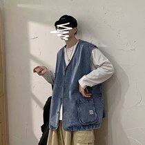 Spring and Autumn Sleeveless Coat Men's Tide Brand Loose Hong Kong Style Cowboy Vest ins Tide Couple Shoes Student Horse Clip