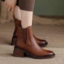 Square head short boots female coarse heel autumn Winter Inn Wind Martin boots Leather Boots Spring Autumn Single Boots with Chelsea boots