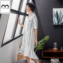 Mousse Summer autumn pure cotton pyjamas sleeping dress Girl V collar Sexy stripes loose Short sleeves can be worn out of medium long dress