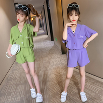 Korean Girls Set Summer 2022 New Medium Big Kids Korean Edition Little Girl Casual Shorts Suit Two-Piece Trend