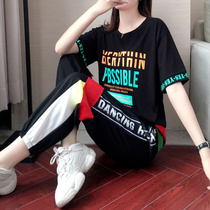 Tide brand CVY sports suit female 2021 summer new fashion casual foreign style thin Korean version round neck two-piece set