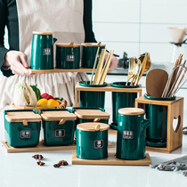 Nordic kitchen seasoning pot Ceramic seasoning box Household seasoning pot Emerald chopstick tube oil pot combination set