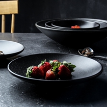 Japanese ceramic plate creative pure black shallow plate matte round dish salad home shallow soup plate dish plate