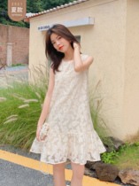 Seven volume a cut small man sleeveless print temperament women apricot color short dress Women summer 2021 New 381