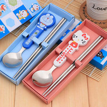Cartoon childrens tableware set stainless steel spoon chopsticks two-piece travel tableware gift wholesale gift box