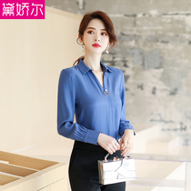 White long sleeve shirt women 2021 spring and summer new professional dress V collar top inch overalls blue shirt