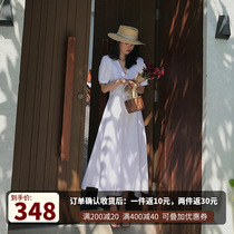  2021 summer new light luxury Hepburn style solid color goddess fan long skirt Korean version of super fairy Xiaoxiang style quality dress