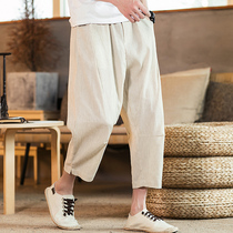 Tide brand Chinese style linen nine-point pants mens trend all-match loose straight cotton and linen wide-leg thin large size casual pants