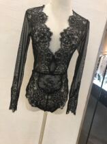 Light and luxurious European goods lace with bottom long sleeves Tinder character sexy black pyjamas transparent conjoined fire and hot body