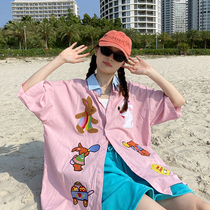 Clear Cabin Ex-gratia Short Sleeve Shirt Woman Summer Street Hip Hop Retro Cute Cartoon Embroidery Loose Large Code Lining Clothes