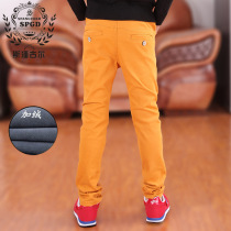 2019 boys Winter Yellow plus velvet casual pants slim body warm trousers boys cotton students school pants tide