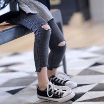 Girl Breaking Hole Jeans 2022 Tidal Spring Summer Style Small Leggings Small Children Black Grey Korean Version Bungles Pants