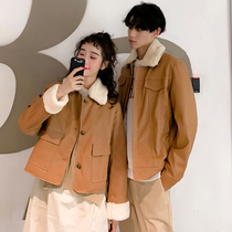 roora couples winter short cotton-padded jacket mens leather jacket autumn and winter Korean version of ins Harajuku wind trend jacket