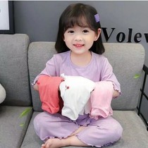 Small childrens ice silk pajamas spring and autumn girls short sleeve set 2021 New thin home clothes female baby air conditioning clothing