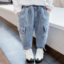 Girls fashion overalls childrens middle waist trousers spring girls Korean foreign jeans childrens casual pants