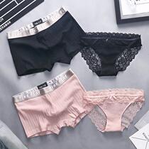  Japanese couple underwear men and women fun passion transparent sexy lace briefs double temptation pure cotton suit