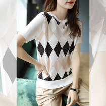 Baoshili plaid bright silk knitted short-sleeved T-shirt womens 2021 summer new loose temperament casual top tide