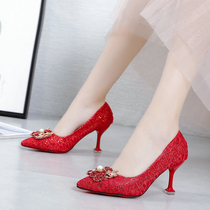 Sexy thin-heeled high-heeled pointed rhinestone buckle single shoes women 2021 new red Chinese wedding shoes embroidered shoes wedding shoes