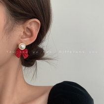 Advanced sense Baroque Pearl red bow earrings temperament female cute retro earrings 2021 New Tide