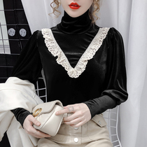 Lace stitching high neck gold velvet black shirt Women design sense autumn wear new 2020 retro long sleeve top
